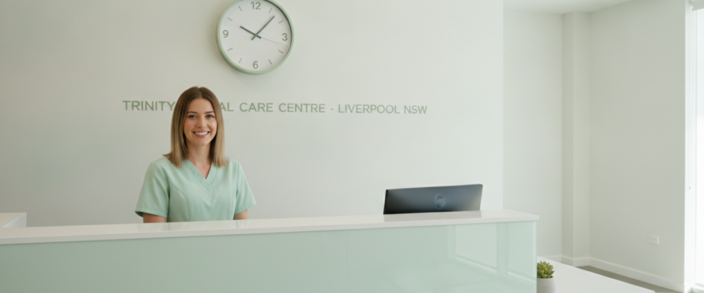 Welcoming receptionist in green scrubs behind the modern front desk at Trinity Dental Care Centre in Liverpool NSW
