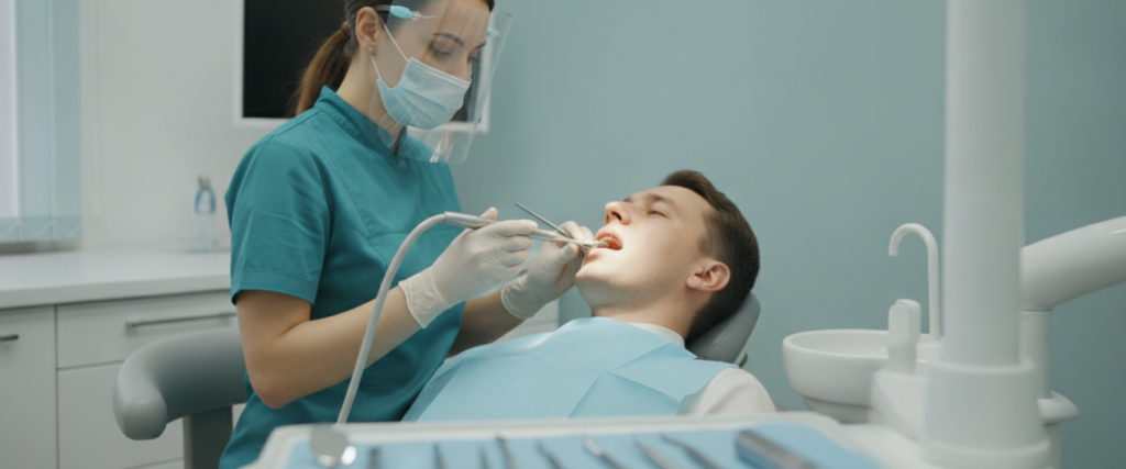 Dentist in teal scrubs and face shield examining a patient's teeth under bright overhead light at Trinity Dental Care Centre